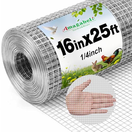 AMAGABELI GARDEN & HOME Hardware Cloth 1/4 inch 16 in x 25 ft Galvanized After Welding 23 Gauge Square Chicken Wire Fence Mesh Roll Raised Garden Bed Plant Supports Poultry Netting Cage Snake Fence - size: 1/4" 16"x25'