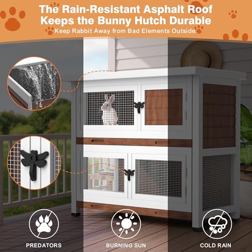 2 Story Rabbit Hutch, Indoor Outdoor Bunny Hutch Solid Wood Rabbit Cage with Removable Trays, Waterproof Asphalt Roofs and Ventilation Door, Small Animal House for Rabbit Guinea Pig Ferret, Walnut - color: Walnut
