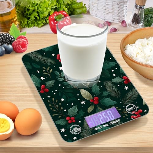 Food Scale Kitchen Scale Food Weight Scales Digital Weight Grams and Ounces Small Electronic Food Scale for Baking Cooking Holly Berries Pine Needles Stars Dark Green - color: Holly Berries Pine Needles Stars Dark Green