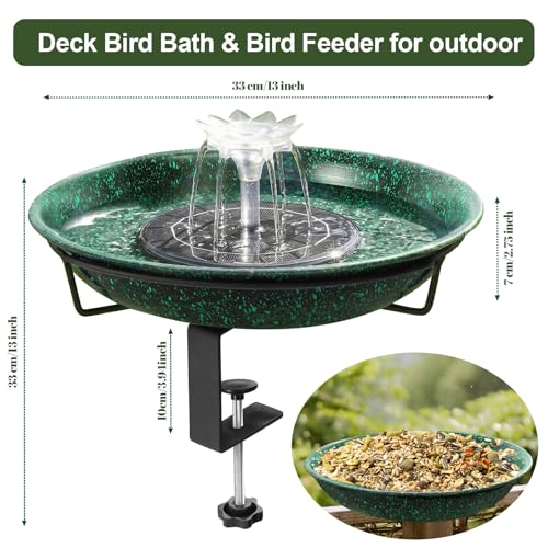 Yiabivo Deck Mounted Bird Bath with Fountain,Solar Railing Bird Bath Fountains for Hummingbirds,Adjustable Metal Durable Deck Bird Bath Holder for Outdoor Railings, Patio Deck,Garden