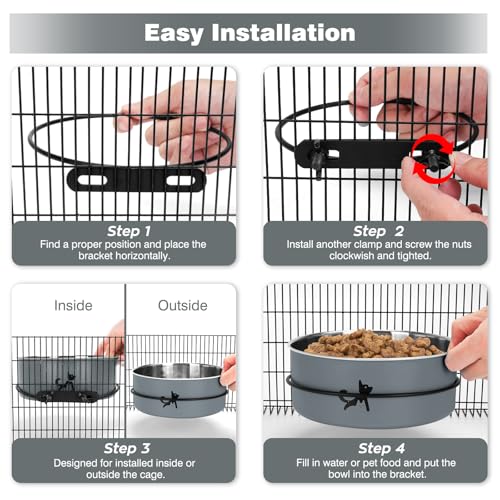 Dog Crate Bowls, 2 Pack Stainless Steel Kennel Water Bowl Hanging No Spill | Mountable Food & Water Dispenser, Elevated Feeder for Crate Cage, for Small to Medium Pets Cat Puppy Bunny Guinea Pig Ferret - color: Gray
