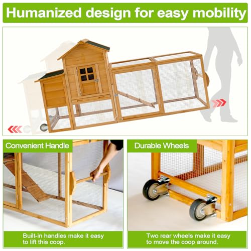 Chicken Coops for 1-2 Chickens with Wheels, Outdoor Wooden Hen House with Nesting Box, Large Rabbit Hutch, Outside Poultry House, Wire Fence Run Cages, Weatherproof for Backyard(Wooden) - size: 80.3"L x 24.2"W x 39.0"H