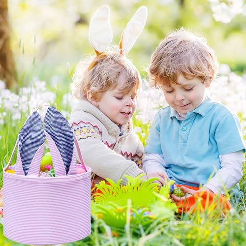Easter Basket Seersucker Egg Hunt Bunny Baskets for Kids with Cute Rabbit Ears Stripe Storage Gifts Candies Personalized Easter Party Gifts… - color: seersuck2022pink