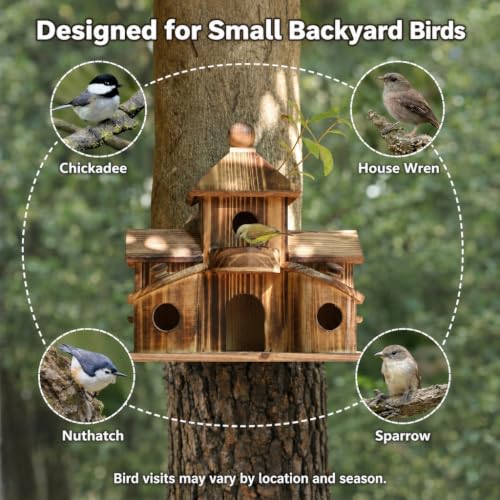 Bird Houses for Outside, 6-Hole Multi-Chamber Birdhouse for Small Birds | Cedar Wood Nesting Box, 1.22" Entrance Hole Fits Wrens & Chickadees, 11.02 x 7.08 x 9.25" Size, Garden & Backyard Placement