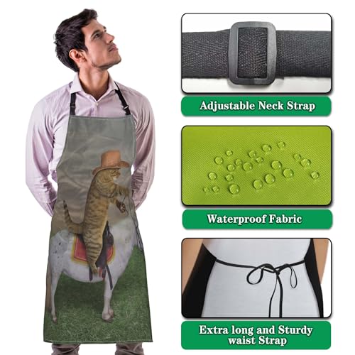 Kitchen Aprons for Women the Cat Cowboy on a Horse Mans Cooking Apron for Cooking Restaurant BBQ Painting Crafting Gardening 27” (W) x 31” (H), Waterproof Aprons - color: The Cat Cowboy on a Horse