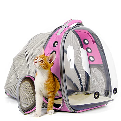 Expandable Pink Cat Backpack Carrier, Fit up to 12 lbs, Space Capsule Clear Bubble Window Pet Carrier Backpack for Kitten Bunny Rabbit and Small Puppy - color: Pink