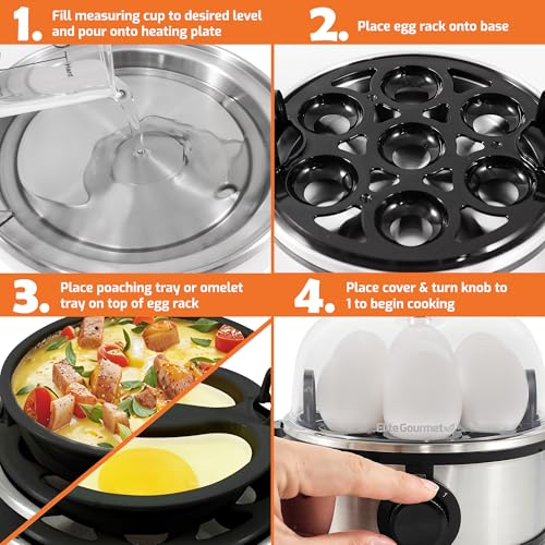 Elite Gourmet EGC724SS Egg Boiler Cooker, 7-Egg Poacher/Omelet Maker, Steel | Cooks soft, medium, or hard-boiled eggs, also scrambles - auto shut-off with buzzer - measuring cup included - BPA-free - color: Stainless Steel, size: 7 Egg