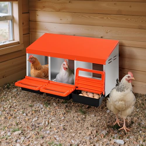 VEVOR Chicken Nesting Boxes, 3 Compartments, Metal Egg Laying Boxes with Protective Collection Lids, Roll Out Nesting Box, Easy to Assemble, Ideal for Hens, Ducks, Chickens, and Other Poultry, Orange - size: 31.3"L x 20.6"W x 18.7"H