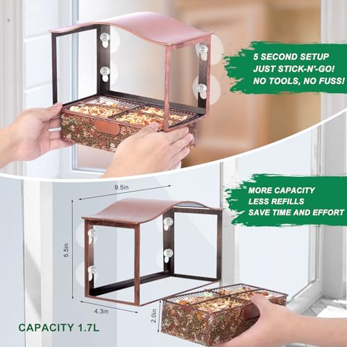 Lilyang Window Bird Feeder with Strong Suction Cups | Easy Refill Tray with 1.7 Lb Capacity, Sturdy Rust-Proof Metal, Hand-Painted Vintage Texture, Outdoor Wild Bird Watching Gift