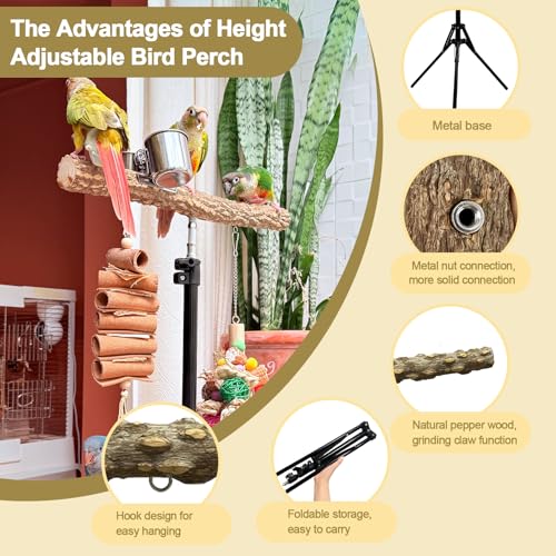 3-Layer 16-63 Inch Height Adjustable Bird Perch Pepper Wood Birds Training Perch Stand Parakeet Perches Indoor and Outdoor Parrot Stands for Small to Medium Bird - size: Three-tier floor stand