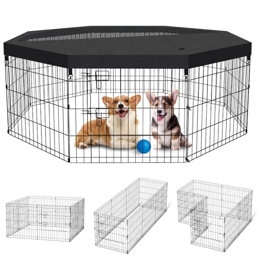 Artmalle Dog Playpen with Top Cover, 24 Inch Rustproof Fence with Door | Covered 24-inch dog playpen features a top cover for shade and jump-out control, plus rustproof panels and a built-in door. - style: 24'' x 24'' with Top cover