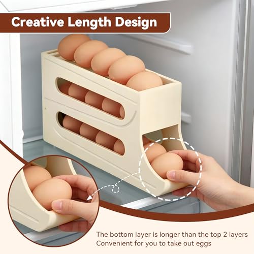 Egg Holder for Fridge - 3 Tiers Auto Rolling Egg Dispenser for Countertop Refrigerator, Kitchen Space-Saving Eggs Roller Storage Container Tray, 2 Packs for 32 Count, Cream - color: Cream