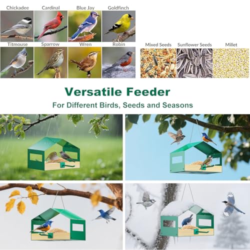 FANHAO Metal Bird Feeder for Outdoor Hanging, Wild Bird Feeder House with Rust-Resistant Mesh, Hanging Platform Bird House Feeder for Attracting Birds, Weatherproof, Easy to Clean & Refill