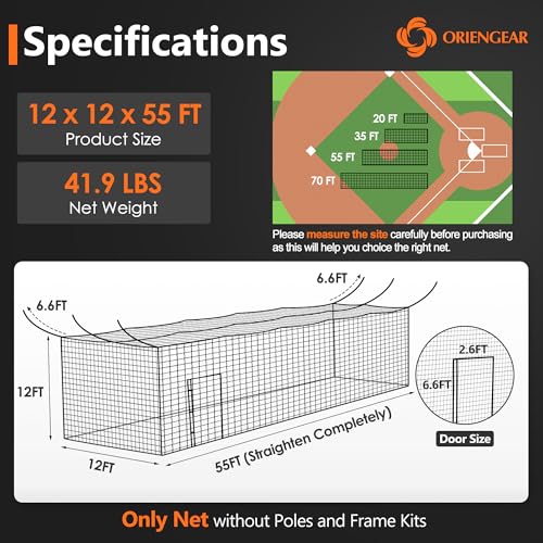 ORIENGEAR Baseball Batting Cage Nets, ONLY NET, 70'L/55'L/35'L/20'L Baseball and Softball Cage Netting, 1.88" #45 Mesh, Professional Fully Enclosed PE Hitting Cage Net with Door, Without Poles - size: 55*12*12