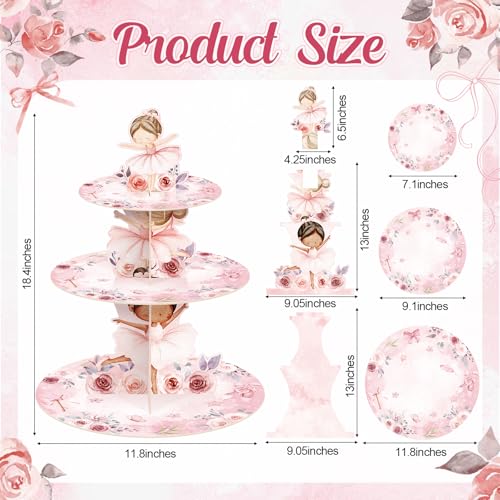 3 Tier Ballerina Party Decoration Ballerina Cupcake Stand Decoration Dancing Girl Floral Cupcake Tower Pink Dance Theme Cake Holder Table Display for Ballet Tutu Dancer Pink Party Supplies - style: Ballet