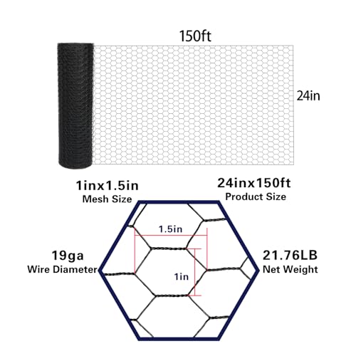 Black 19GA Chicken Wire 24inx150ft, Chicken Wire Fencing, Chicken Fence, PVC Coated Chicken Wire, PVC Coated Wire Mesh for Animal/Rabbit/Floral/Chicken Coop/DIY Projects. - color: Black, size: 24inx150ft