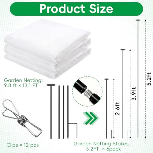 Metal Garden Netting Covers Kit, 6 Pack 5.2FT Poles, 10FTX13FT Mesh | Raised Beds, Garden Poles Support Stakes, 12 Clips, Insect Pest Barrier, Vegetables, Fruits, Flowers, Garden Protection - size: 5.2FT
