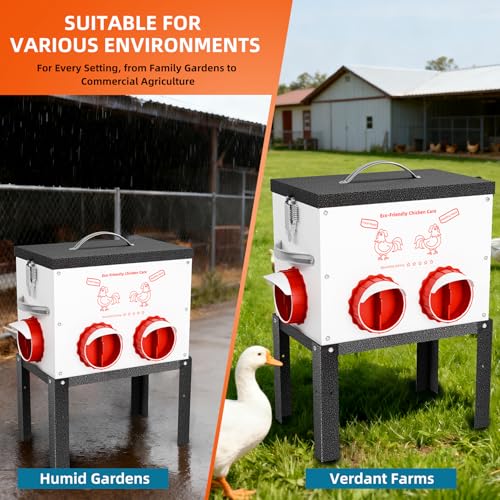 Automatic Chicken Feeder No Waste 35 Pounds 6 Ports Metal Poultry Feeder with Latch & Handle Adjustable Height Heavy-Duty Stand - Outdoor Feeding Station for Chickens, Ducks & Geese