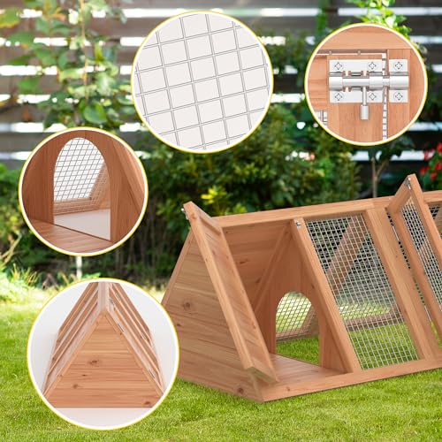 Rabbit Hutch, Small A-Frame Chicken Coop Outdoor w/ 2 Door & Run Cage(Wood) | Wooden Triangle Quail Hutch w/ Ventilating Wire Poultry Hutch for Small Animal Quail Cage Backyard - color: Wood