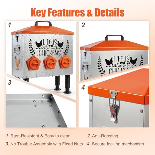 TGEYD 30 lb Metal Chicken Feeder, No-Waste Galvanized Feeder with 6 Feeding Ports, Adjustable Legs, Feed Level Window & Rainproof Roof Lid for Chickens, Ducks & Geese - size: 30LB