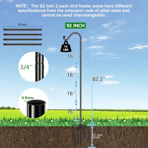 Shepards Hooks for Outdoor Bird Feeder Pole 92 Inch Adjustable Tall Heavy Duty Shepherds Hooks for Hanging Plant Baskets, Solar Lights, Wedding Decor, Lanterns, Black (2 Pack) - size: 92 Inch