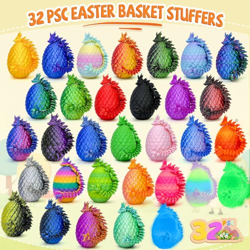 32pcs 3D Printed Dragon Eggs, 3D Dragon Eggs with Dragon Inside,Prefilled Easter Dragon Egg with Articulated Dragon Toy,for Easter Basket Stuffers Party,Desktop Decoration (32pcs) - color: 32pcs