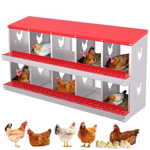 Garvee 10-Compartment Metal Chicken Nesting Box, Rustproof Galvanized Steel with Ventilated Holes, Removable Trays & Sturdy Bracket Legs, Easy Egg Collection - Red - color: Red, size: 10 Compartments