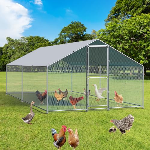 Large Metal Chicken Coop with Run, Waterproof & UV Protected Cover, Holds Up to 30 Chickens. Double Lock Doors, Spire Roof Design, Ideal for Hens, Ducks and Rabbits (13.1 x9.8 x 6.6 FT)