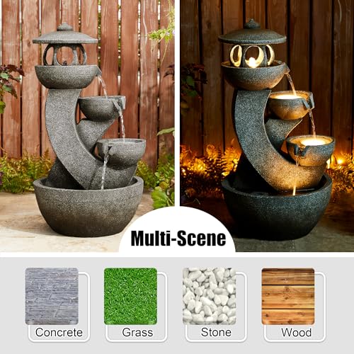 Glitzhome Pagoda Outdoor Water Fountain with LED Light, 4-Tier Oversized Cascading Stacked Stone Waterfall Fountains, Natural Stone Look Outdoor Fountain for Garden Patio Porch, 32”H - color: Pagoda