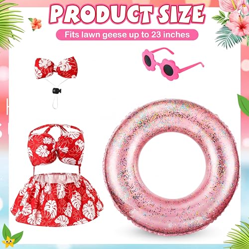 Bikini Summer Porch Goose Outfits for 23" Goose | with Goose Sunglasses Bow Headpiece and Swimming Tube, Hawaiian Red Monstera Porch Goose Outfits, Garden Patio Statue Decor - style: Hot Pink Monstera