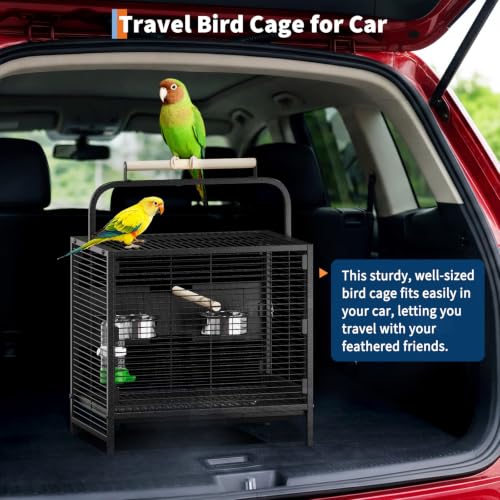 25.9''H Travel Bird Cage for Small Parrots Wrought Iron Portable Carrier Parrot Cage with Food Bowl/Perch, Slide-Out Tray for Canaries Budgies Parrotlets Lovebirds Conures Cockatiels, Black | Wrought Iron Portable Carrier Parrot Cage w/ Slide-Out Tray for