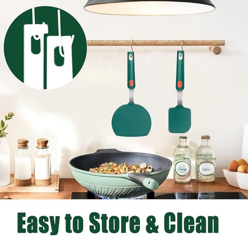2Pcs Silicone Spatula Turner,Wide Pancake Spatulas utensils set for cooking,Heat Resistant Non-Stick Kitchen Use s for Flipping Pancakes, Omelettes, Fish,Dishwasher Safe.(Green) - color: Set of 2 Green