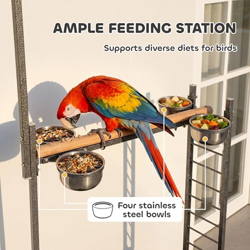 PawHut Bird Stand Parrot Stand with Wheels Wooden Perch Ladder Dark Gray | Stainless Steel Bowls, Slide-out Tray, for Indoor Outdoor Use, for Budgies, Parakeets