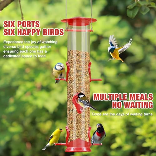 ERYTLLY 2 Pack Bird Feeders for Outdoors Hanging with 6 Feeding Ports Extra Thick Solid Tube Transparent Weatherproof Water Resistant Great for Attracting Birds Garden - color: 2 Red