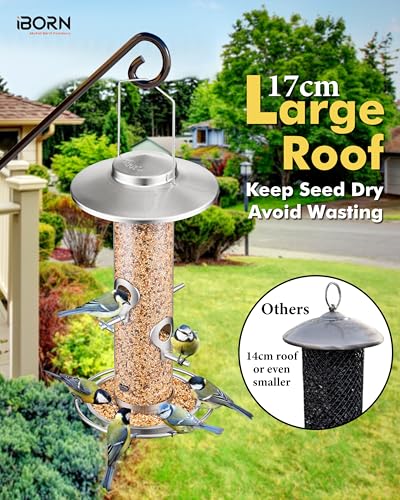 iBorn Metal Bird Feeder for Outside Hanging,Wild Bird Feeders for Cardinal,17cm Large Roof&Nickle,34.3CM Long,1.5lb Capacity 8 Ports (Seed is not Included) - color: nickle