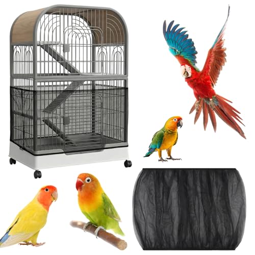 Large Bird Cage Cover, Breathable Nylon Mesh Seed Catcher with Adjustable Elastic Skirt, Black Birdcage Cover for Parrot Parakeet Cockatiel Cages (13.8x78.8-90.6 Inch)