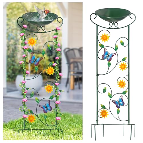 Metal Bird Bath with Trellis, 35" Outdoor Garden Birdbath with Detachable Bowl & Climbing Plant Support, Decorative Bird Feeder Station with Butterflies for Yard, Patio, Fence - color: Butterfly