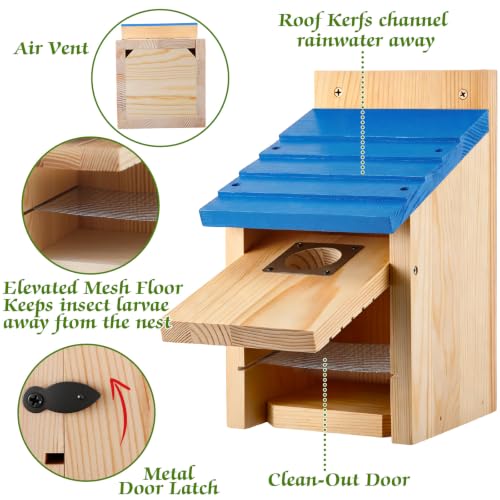 Dreyoo 4 Pack Bluebird Houses for Outside with Metal Predator Guard, 1-1/2" Entrance Hole Wooden Blue Bird Houses for Outdoors, Bluebird Nesting Box(Blue Roof, Wood Body) - color: Blue Roof, Wood Body