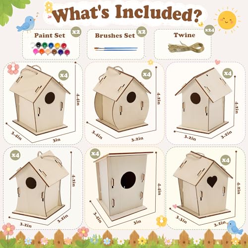 BlockPro 24 Pack Bird House Kits for Kids with Paint & Brushes, DIY Wooden Birdhouse Painting Set, Spring Summer Arts Projects, Educational Craft Gift for Birthday, Party, Parent-Child Activities