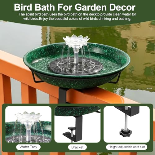 Yiabivo Deck Mounted Bird Bath with Fountain,Solar Railing Bird Bath Fountains for Hummingbirds,Adjustable Metal Durable Deck Bird Bath Holder for Outdoor Railings, Patio Deck,Garden