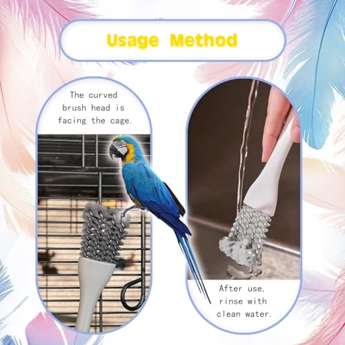 2-in-1 Bird Cage Cleaning Brush & Poop Remover with Long Handle – Scraper, Curved Brush for Parrot Cages, Kennels, and Perches – Rust-Resistant Pet Habitat Cleaning Tool (2 Pcs) (Grey+White)