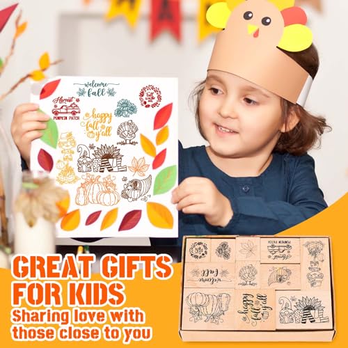 JarThenaAMCS 16Pcs Fall Wooden Rubber Stamps Set 11 Pcs Autumn DIY Craft Cards Stamps Pads with 5 Mixed Ink Pads for Fall Thanksgiving Party Gift Decor Classroom Scrapbooking Cards Making Supplies - style: Fall