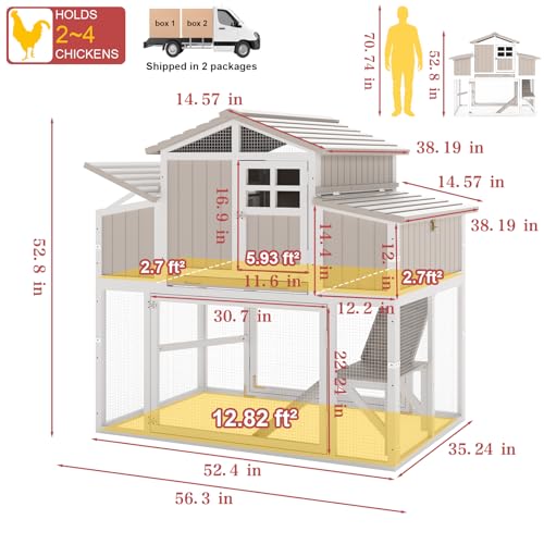 PetsCosset Large Chicken Coop Outdoor with Run, Expandable Hen House, Grey | with Sectionable 4 Nesting Boxes, Rabbit Hutch Poultry Bunny Cage for 2-4 Chickens with 4 Perches, Pull-Out Tray and Ramp