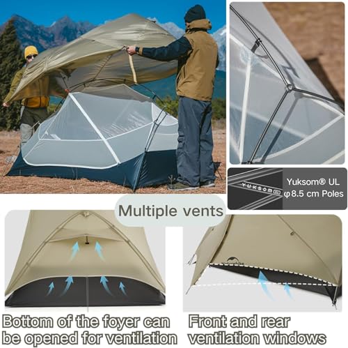 Naturehike Mongar 2 Person UL Camping Tent | PU2000mm+ Waterproof 1-2 Person Backpacking Tent, Ventilation System, Multi-Mode Double-Layer Freestanding for Hiking Travel - color: Grey, size: 2 person