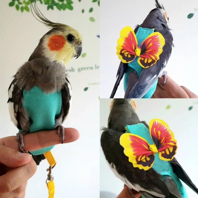 Escape-Proof Parrot Harness & Leash Set with Diaper - Adjustable Flight Suit with Bow & Safety Cord for Conures, African Grey, Parakeets, Doves (Yellow-S) - size: Yellow bow-S