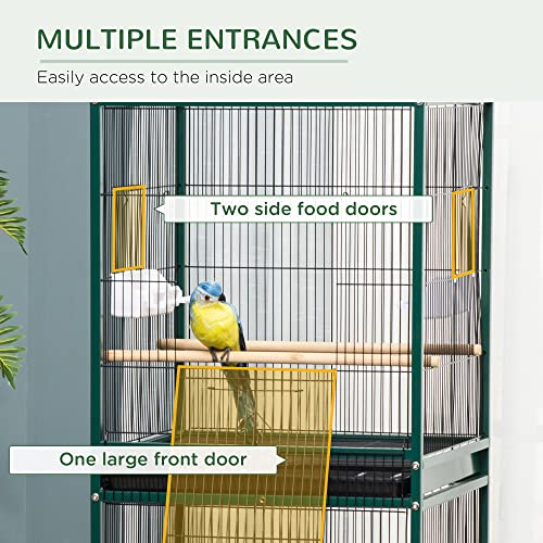 PawHut Large Bird Cage 1.7 ft. Width for Wingspan 55", Green | Bird Aviary Indoor, Multi-Door Design, Fit for a Canary, Finch, Conure - color: Green