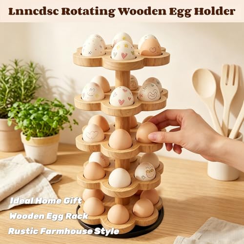 360° Rotating Wooden Egg Holder for 30 Eggs (Wood) | petal-shaped tray, 5 tiers, 6 egg slots per layer, solid wood, farmhouse countertop organizer, for kitchen and Easter display - color: Wood