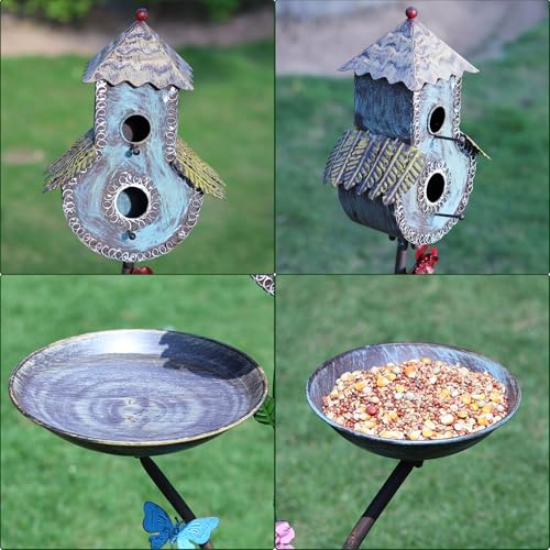 Cast Iron Pedestal Bird Baths for Outdoors，Metal Bird Bath and Bird House | 38" H Bird Bath 3 in 1 Metal Bird Bath Bowl with Bird Houses and Bird Feeder,Garden Yard Decor - color: multicolor-B