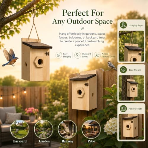 2 Pack Wooden Bird House for Outside Hanging, Birdhouse with 3 Interchangeable Entrance Holes, Predator Guard & Easy Clean Door, Outdoor Nesting Box for Bluebirds, Wrens, Chickadees - style: 2 Pack