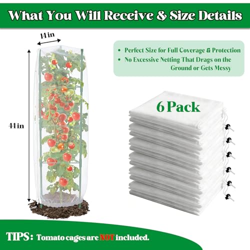6 Pack Tomato Cage Netting Covers for Triangle Tomato Cages, 43" × 14.6" Fine Mesh Garden Netting with Easy-Access Zipper & Adjustable Drawstring, Durable Bird & Insect Barrier for Tomato Plants